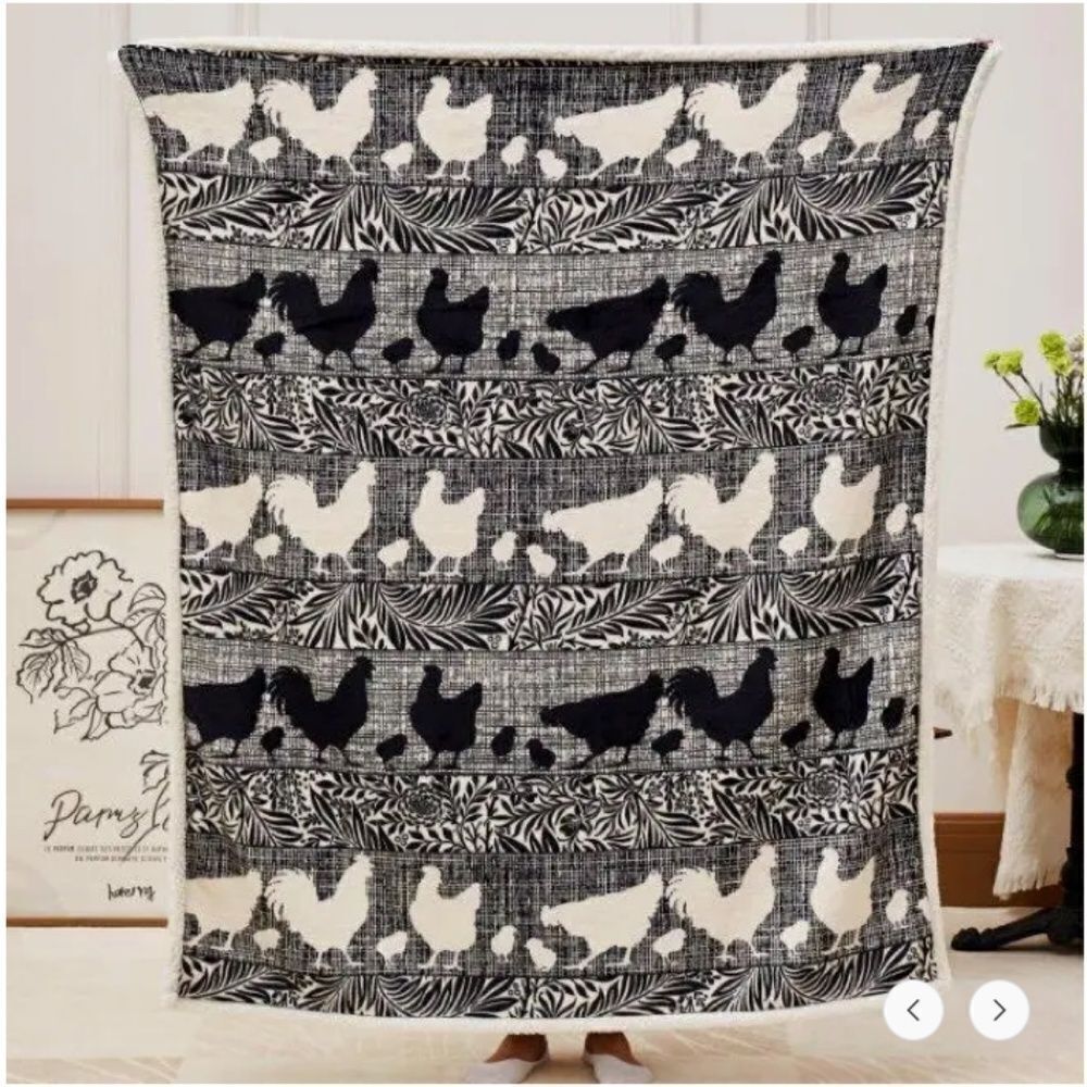 Cottage Chickens Flannel Sherpa Throw Blanket Farmhouse Country Black Rooster